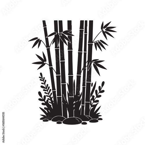 Black silhouette of bamboo stalks and leaves isolated on white background