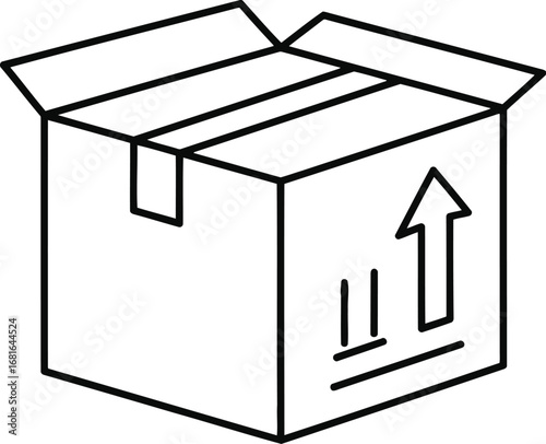 Simple line drawing of an open cardboard shipping box with fragile markings and up arrow vector