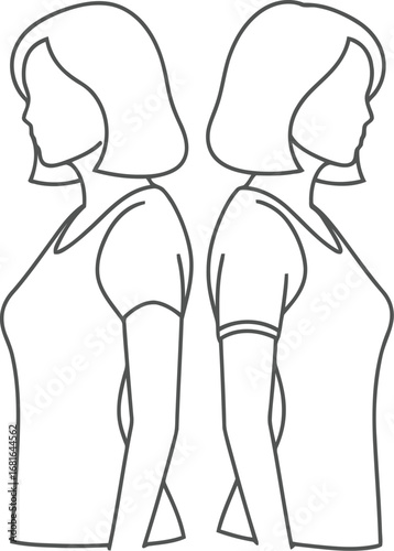 Two female figures in profile facing opposite directions stylized sketch representing contrast or duality vector