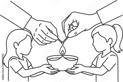 Two children and two adults hands lighting a diya during a festival celebration outdoor scene vector
