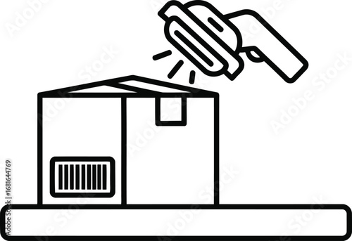 Barcode scanner reading package on shelf digital line art for logistics and inventory management vector