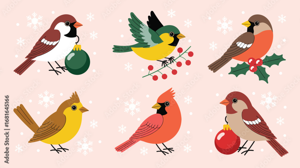 Fototapeta premium Six Cute Birds Celebrating the Holidays in a Whimsical Illustration