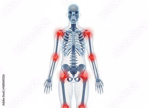 Human Skeleton Diagram with Joint Pain Indicators in Medical Illustration Style