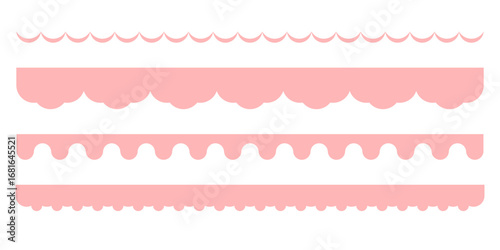 Seamless pink Y2K scalloped borders. Cute pastel lace ribbons and frill edge ornaments. Retro girly vintage vector pattern design isolated on white background illustration