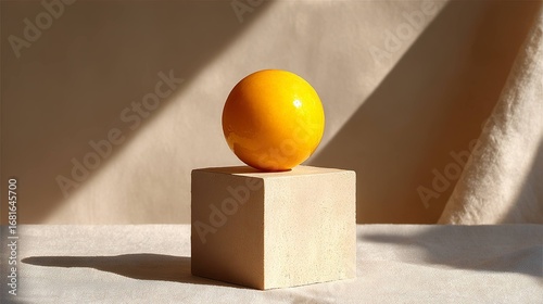 Yellow sphere on beige cube still life
