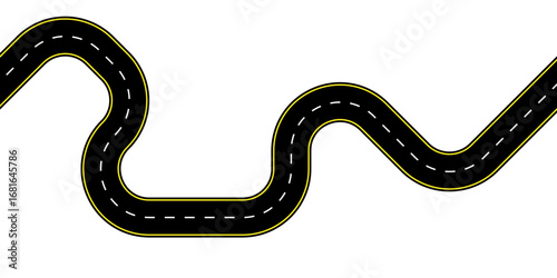 Top view illustration of a curved highway with dashed center lines and wavy asphalt texture winding path perfect for transport maps route graphics and empty lane backgrounds