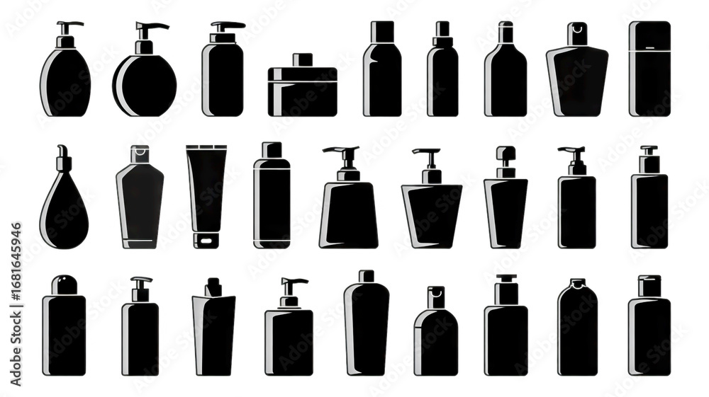 Fototapeta premium Collection of black and white cosmetic bottles and containers for beauty and skincare product mockups templates presentation