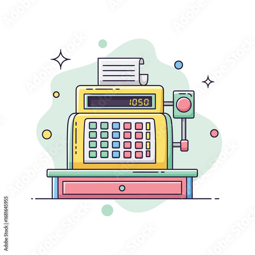 A charming retro cash register illustration, featuring flat and geometric design elements, perfect for depicting commerce, retail, and financial transactions with a modern, clean aesthetic