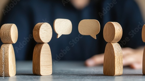 A group of wooden figures engages in conversation, symbolizing communication and connection among individuals.