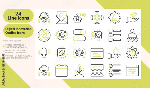 Digital innovation outline icons set. AI, Technology, Business, Cloud, Security Vector Line Icons. Editable vector set for print and web.