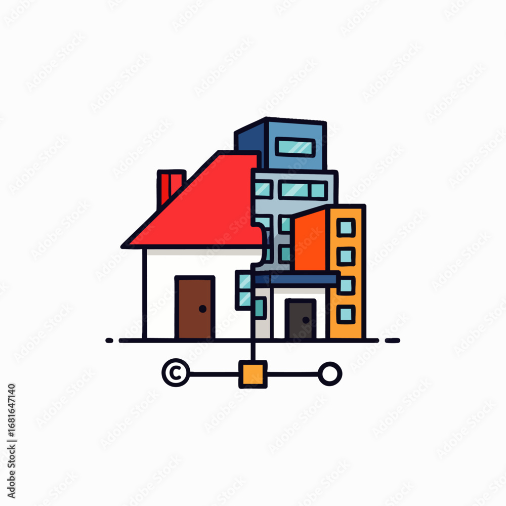 Obraz premium An illustrative icon blending a traditional house and modern city buildings, connected by a digital network line, symbolizing property ownership and urban development.
