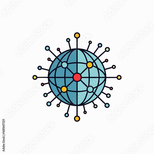 A vibrant, modern vector illustration showcases a global network with interconnected nodes, symbolizing worldwide communication, data exchange, and digital connectivity.