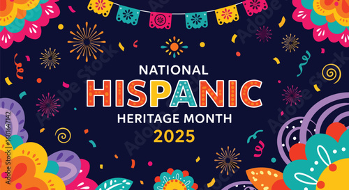 Colorful vector illustration banner celebrating National Hispanic Heritage Month 2025 with festive decorations, fireworks, papel picado, and vibrant patterns symbolizing culture, pride, and community