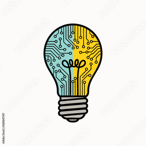 A creative lightbulb icon featuring intricate circuit board patterns in vibrant blue and yellow, symbolizing innovative digital ideas and technological solutions.