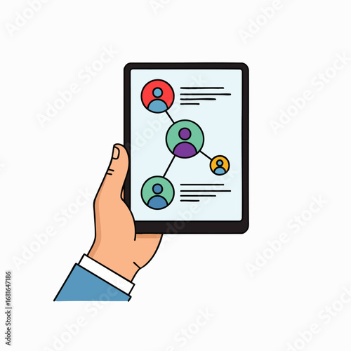 A human hand holds a modern tablet displaying an intricate digital network of connected user profiles, symbolizing global communication and online community engagement.