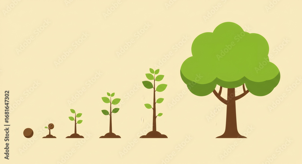 Fototapeta premium Illustration depicting the growth stages of a tree, from seedling to maturity