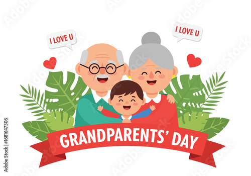 Flat style illustration of grandparents hugging grandchild with hearts and banner, celebrating Grandparents’ Day with love, warmth, and family bonding