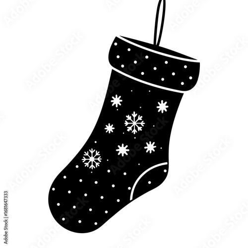 Black christmas stocking with white snowflakes and dots