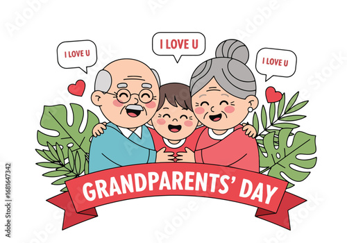 Flat style illustration of grandparents hugging grandchild with hearts and banner, celebrating Grandparents’ Day with love, warmth, and family bonding