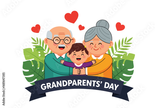 Flat style illustration of grandparents hugging grandchild with hearts and banner, celebrating Grandparents’ Day with love, warmth, and family bonding