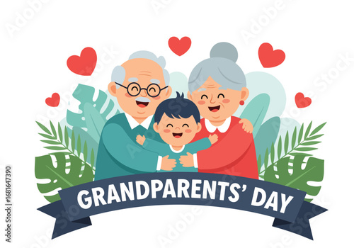 Flat style illustration of grandparents hugging grandchild with hearts and banner, celebrating Grandparents’ Day with love, warmth, and family bonding