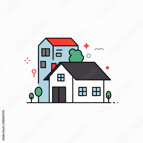 A charming minimalist illustration depicts two modern houses with colorful roofs and small trees, representing urban living and real estate concepts.