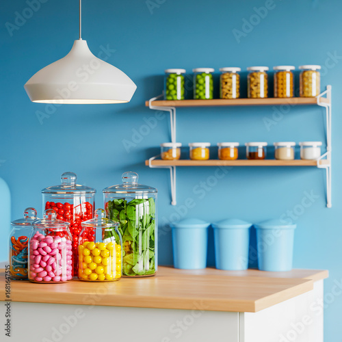 Colorful assortment of preserved foods and sweets in glass jars displaying a well stocked pantry