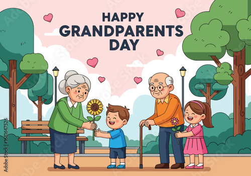 Flat style illustration of children giving flowers to grandparents in a park, featuring Happy Grandparents Day text, symbolizing love, gratitude, and family celebration