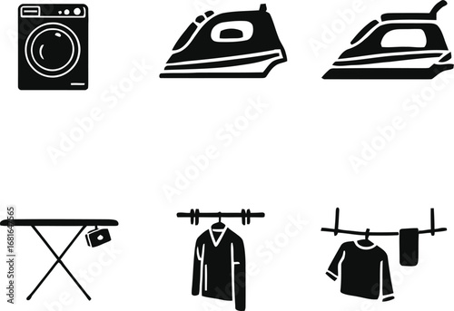 Laundry appliances and clothes icons: washing machine, iron, ironing board, clothesline, shirt, towel