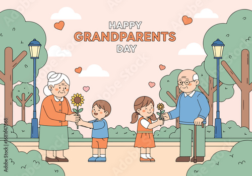 Flat style illustration of children giving flowers to grandparents in a park, featuring Happy Grandparents Day text, symbolizing love, gratitude, and family celebration