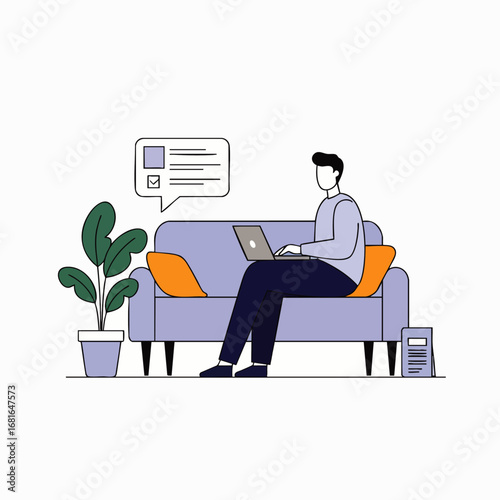 A focused man diligently works on his laptop from the comfort of a stylish sofa at home, embodying modern remote work and digital communication.
