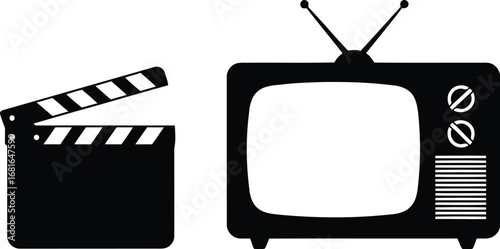 Classic cinema clapperboard and vintage television set icon symbolizing filmmaking and broadcasting vector
