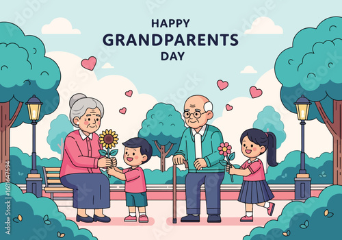 Flat style illustration of children giving flowers to grandparents in a park, featuring Happy Grandparents Day text, symbolizing love, gratitude, and family celebration