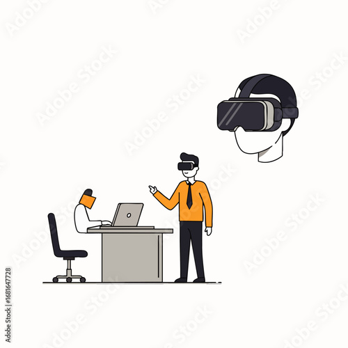 A businessman engages with immersive virtual reality technology, exploring futuristic digital interfaces and augmented reality experiences in a modern office environment.