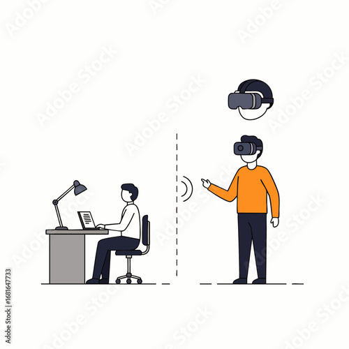 This modern illustration depicts the evolution from conventional laptop-based work to immersive virtual reality, symbolizing the future of digital interaction.