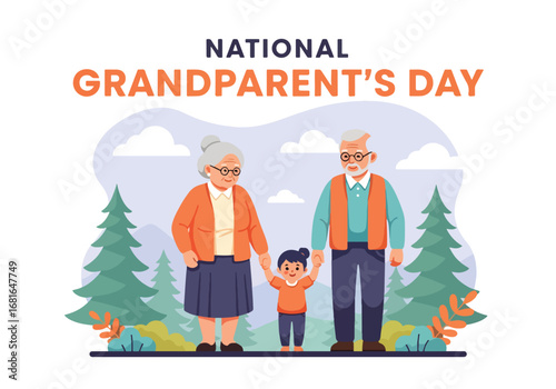 Flat style illustration of grandparents holding hands with grandchild outdoors, featuring National Grandparent’s Day text, symbolizing love, bonding, and family celebration in nature