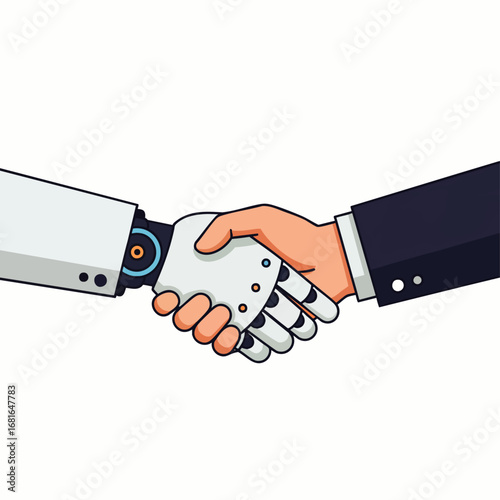 Illustrating the future, a human hand shakes a robot hand, symbolizing crucial partnership, collaboration, and artificial intelligence integration in modern business.