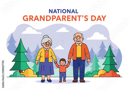 Flat style illustration of grandparents holding hands with grandchild outdoors, featuring National Grandparent’s Day text, symbolizing love, bonding, and family celebration in nature