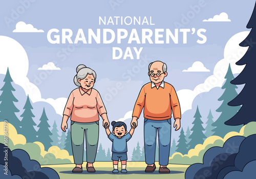 Flat style illustration of grandparents holding hands with grandchild outdoors, featuring National Grandparent’s Day text, symbolizing love, bonding, and family celebration in nature