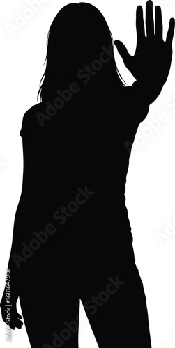 Silhouette of a woman raising her hand in a stop gesture signaling halt or warning vector