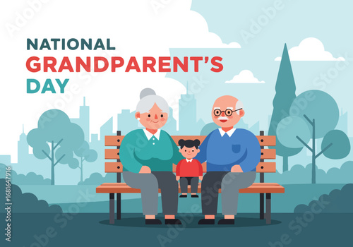 Flat style illustration of grandparents sitting on a park bench with grandchild, featuring National Grandparent’s Day text, symbolizing love, family bonding, and celebration of this special holiday