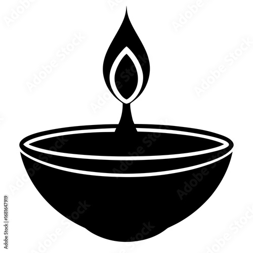 Black silhouette of a diya lamp with a flame oil lamp