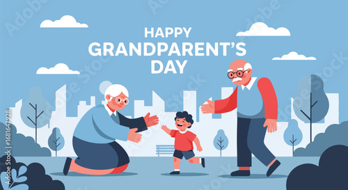 Flat style illustration of grandparents with grandchild outdoors, featuring Happy Grandparent’s Day text, symbolizing family love, bonding, and celebration of this special holiday