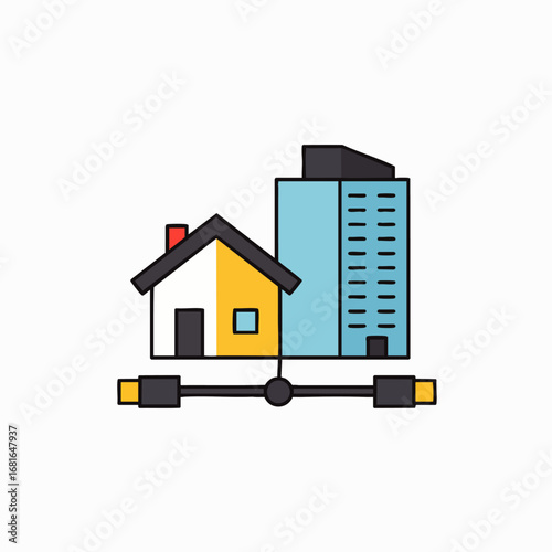 This vector illustration shows a house and a building connected by a network, symbolizing smart property integration, urban connectivity, and digital infrastructure.
