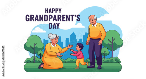 Flat style illustration of grandparents with grandchild outdoors, featuring Happy Grandparent’s Day text, symbolizing family love, bonding, and celebration of this special holiday