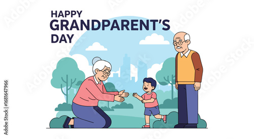 Flat style illustration of grandparents with grandchild outdoors, featuring Happy Grandparent’s Day text, symbolizing family love, bonding, and celebration of this special holiday