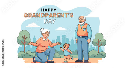 Flat style illustration of grandparents with grandchild outdoors, featuring Happy Grandparent’s Day text, symbolizing family love, bonding, and celebration of this special holiday