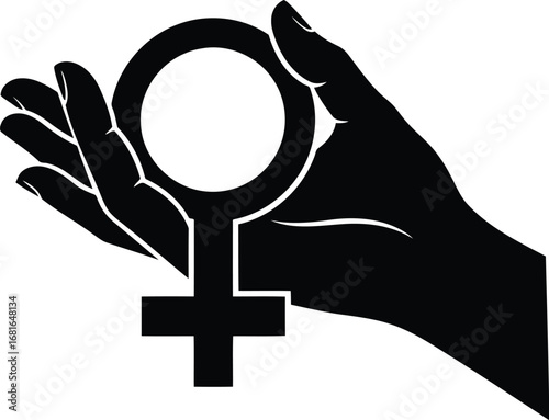 Female symbol held by open hand empowering women's rights and feminism concepts vector