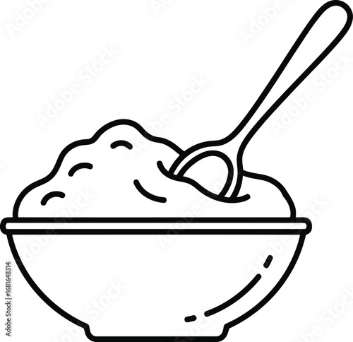Simple black and white outline of a bowl of mashed potatoes with a spoon vector