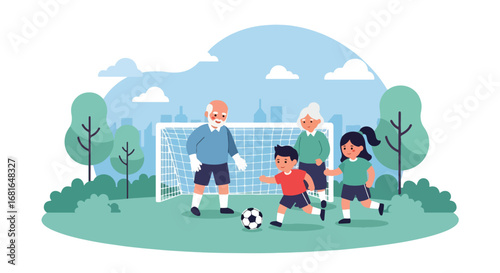 Flat style illustration of grandparents playing soccer with grandchildren in a park, celebrating National Grandparents Day with outdoor fun, family bonding, and active lifestyle